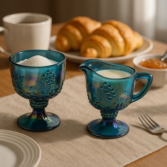Indiana Glass Other - Vintage Indiana Glass Harvest Grape Blue Carnival Glass Creamer & Sugar Set
